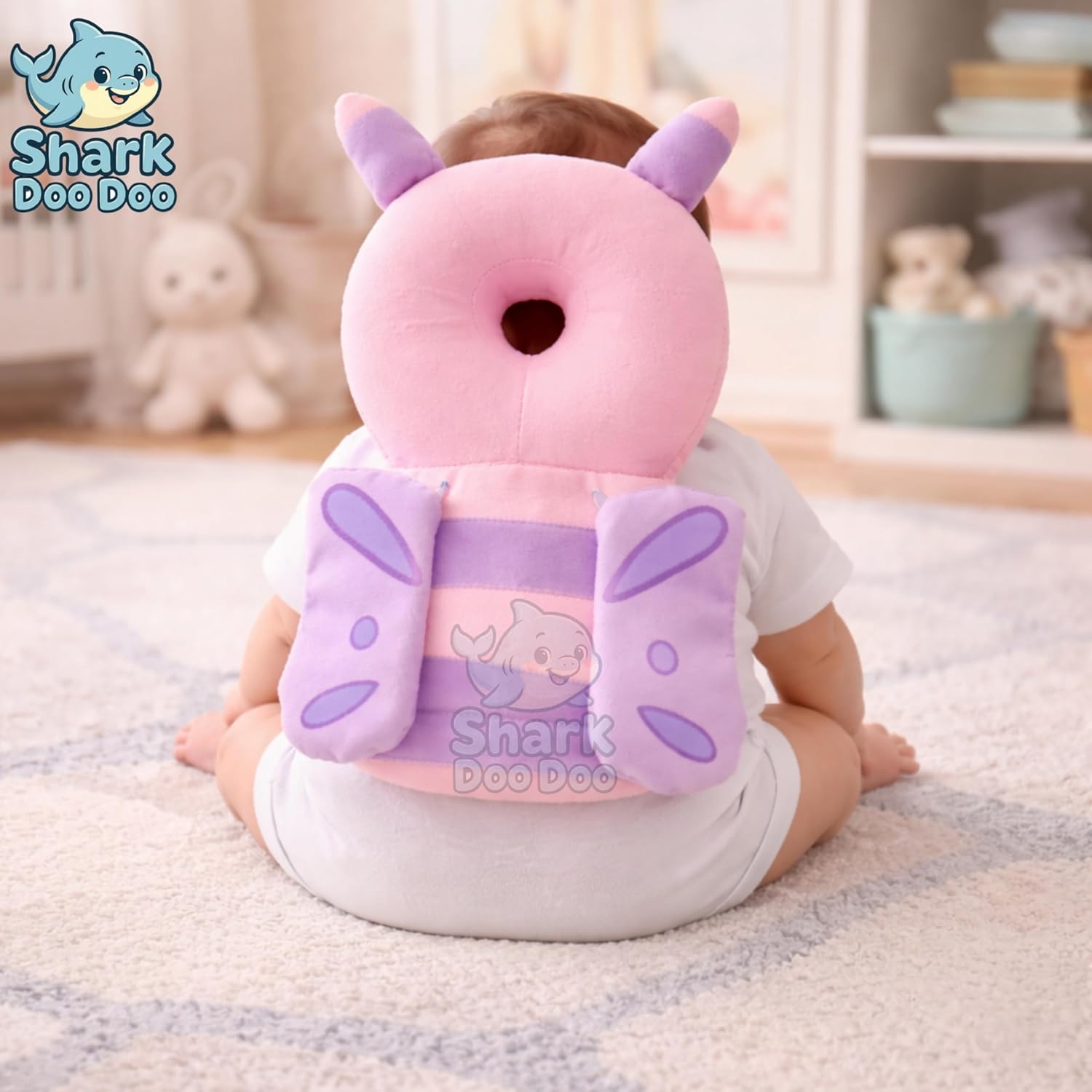 Shark Doo Doo® Baby Head Protector Cushion for 6–24 Months | Soft Plush Safety Backpack for Toddlers | Adjustable Straps, Anti-Fall Pillow for Infants (Pink Butterfly)
