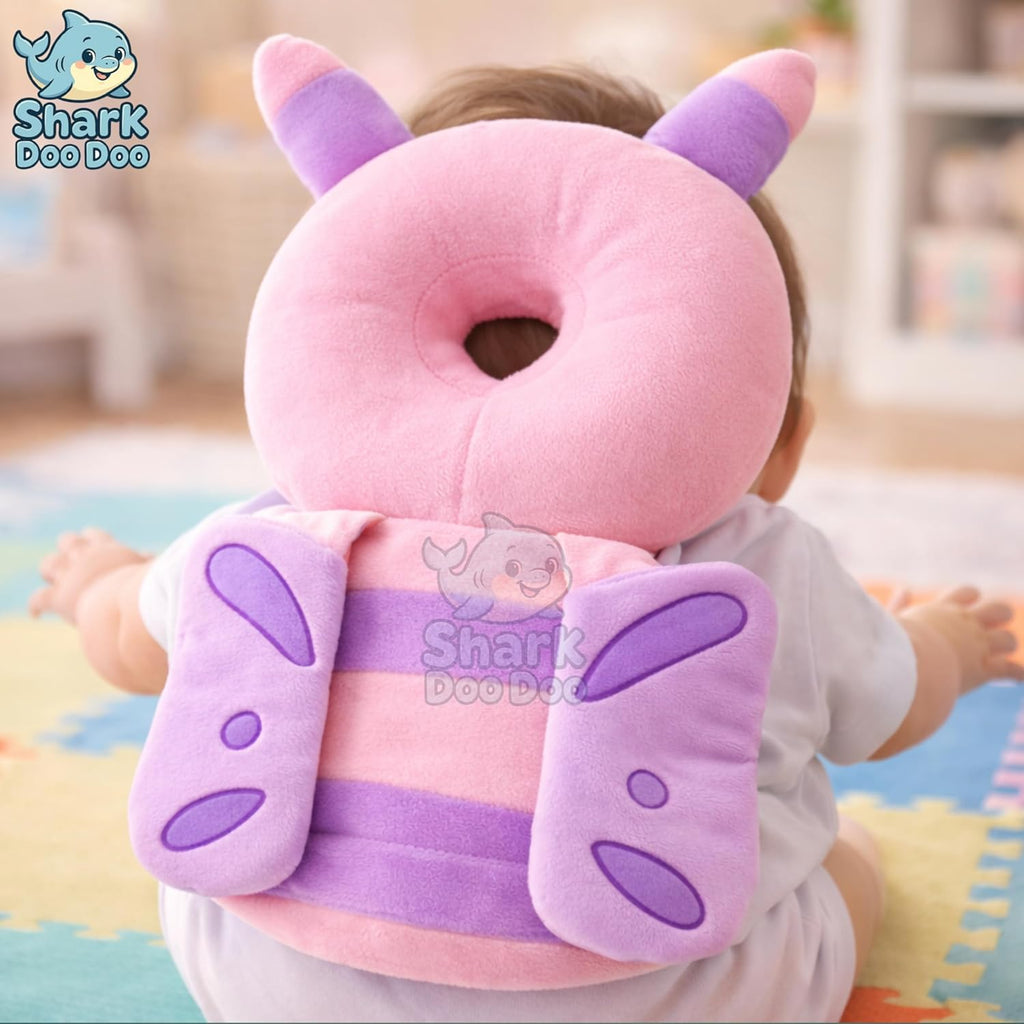 Shark Doo Doo® Baby Head Protector Cushion for 6–24 Months | Soft Plush Safety Backpack for Toddlers | Adjustable Straps, Anti-Fall Pillow for Infants (Pink Butterfly)