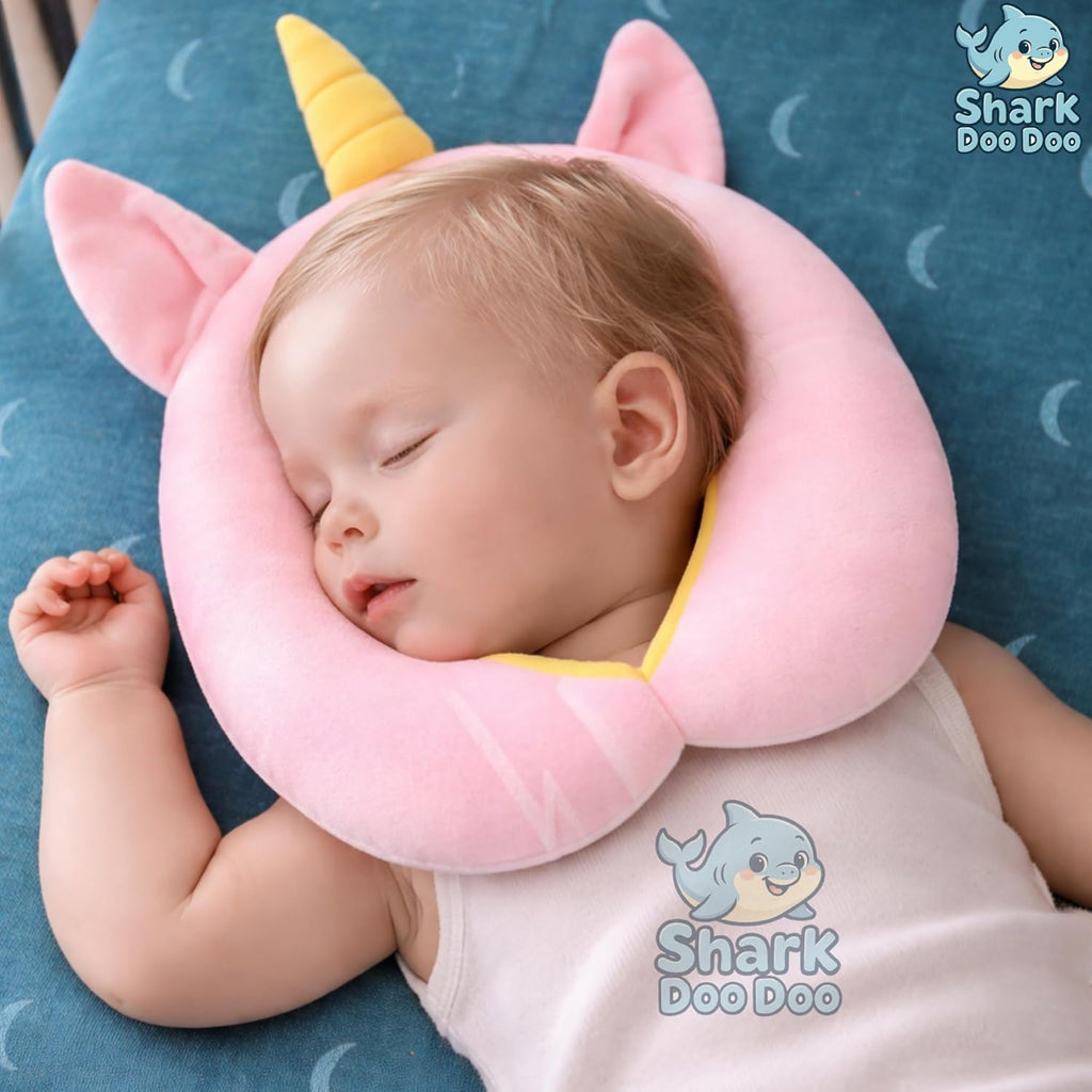 Shark Doo Doo® New Born Baby Soft Neck Supporting Pillow (0–12 Months), Infant Neck Support Pillow for Sleeping & Travel, Cute Printed, Ultra Soft & Breathable