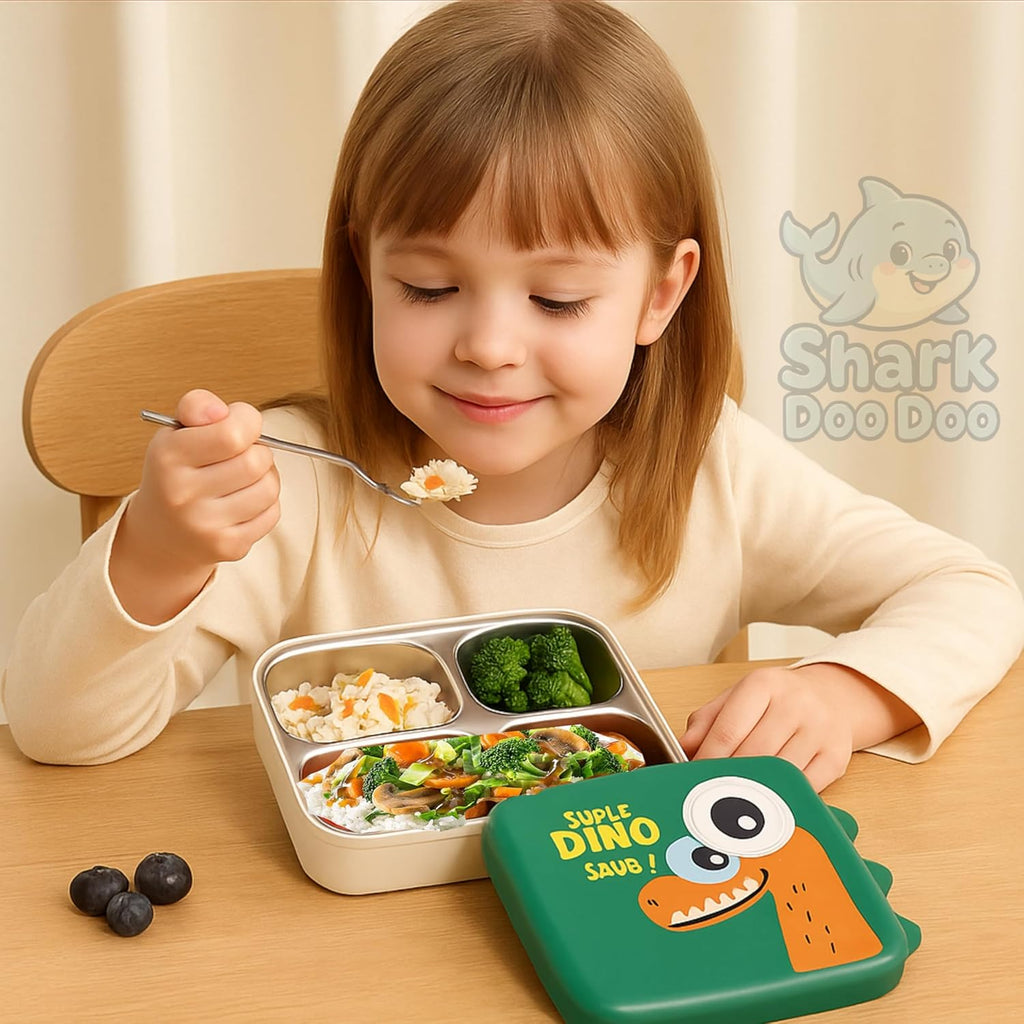 Shark Doo Doo® Super Dinosaur Green - Kids Stainless Steel Lunch Box for School | Insulated Bento Tiffin Box