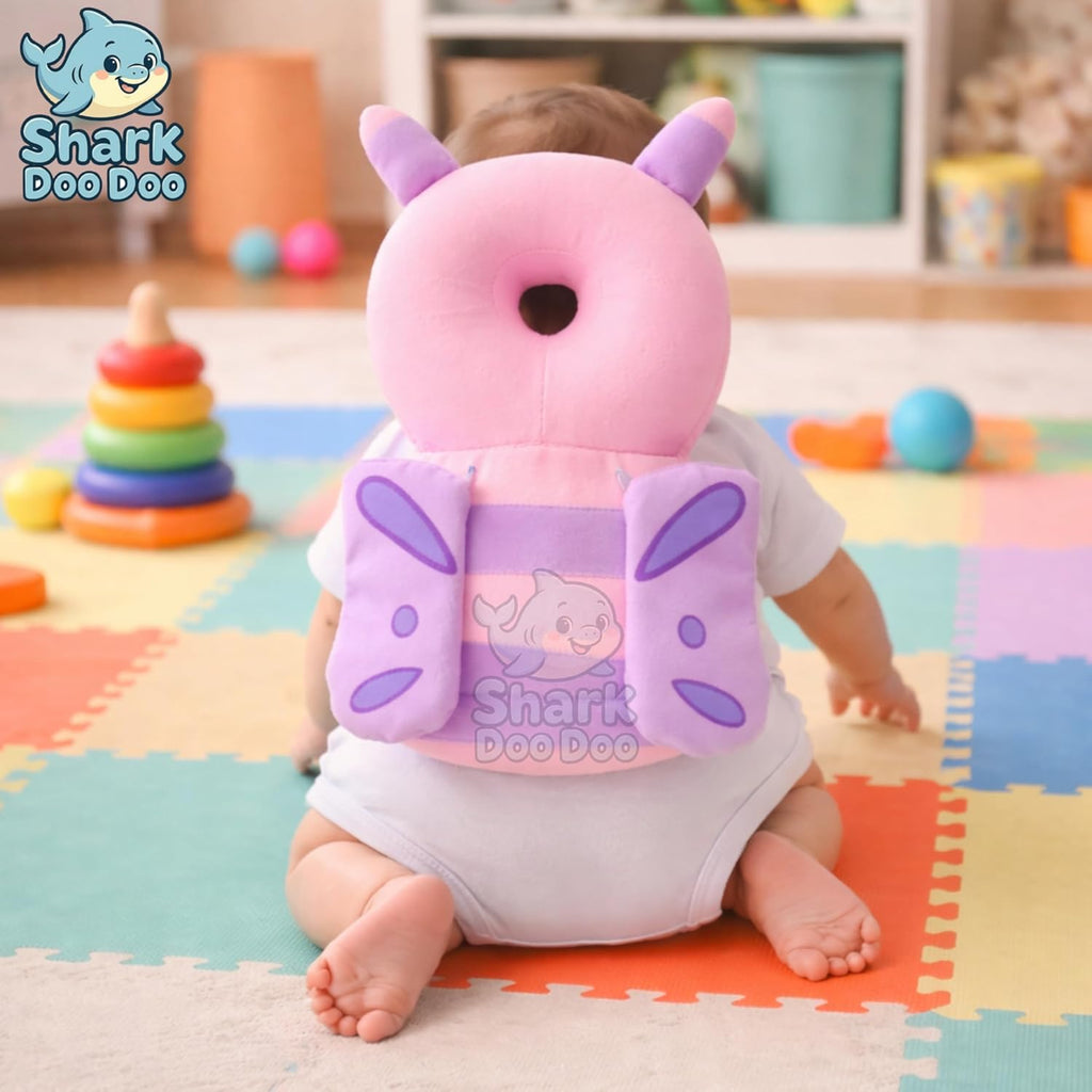 Shark Doo Doo® Baby Head Protector Cushion for 6–24 Months | Soft Plush Safety Backpack for Toddlers | Adjustable Straps, Anti-Fall Pillow for Infants (Pink Butterfly)