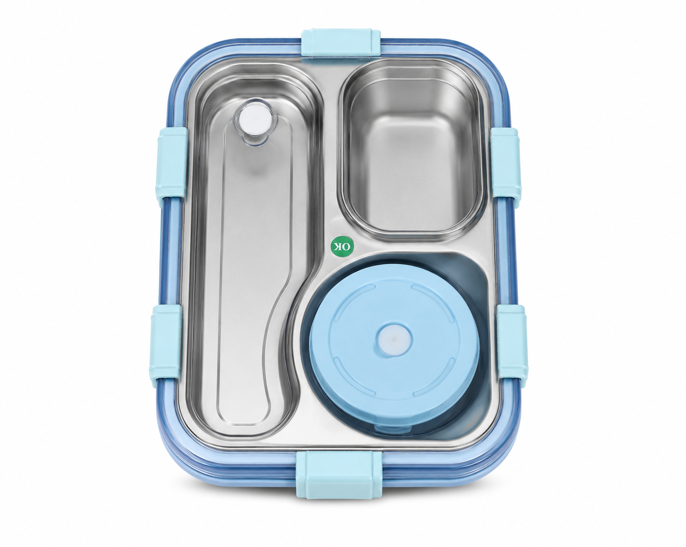 Shark Doo Doo® Bento 3 Compartment Stainless Steel Lunch Box with Steel Cutlery Inside | Heating & Water Insulation Design | Leak-Resistant | 750 ML | Office & School (Sky Blue)