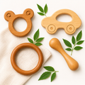 Shark Doo Doo® Neem Wood Baby Teether Combo (Mickey, Car, Ring & Stick) | Organic & Handcrafted | Chemical-Free, Antibacterial Teething Toy for Babies
