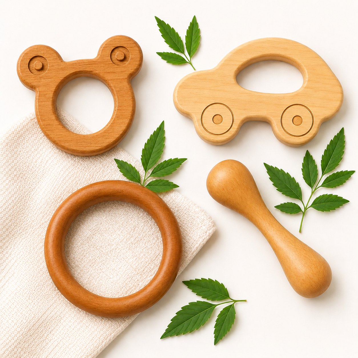 Shark Doo Doo® Neem Wood Baby Teether Combo (Mickey, Car, Ring & Stick) | Organic & Handcrafted | Chemical-Free, Antibacterial Teething Toy for Babies