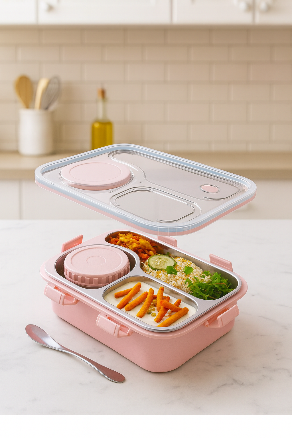 Shark Doo Doo® Bento 3 Compartment Stainless Steel Lunch Box with Steel Cutlery Inside | Heating & Water Insulation Design | Leak-Resistant | 750 ML | Office & School