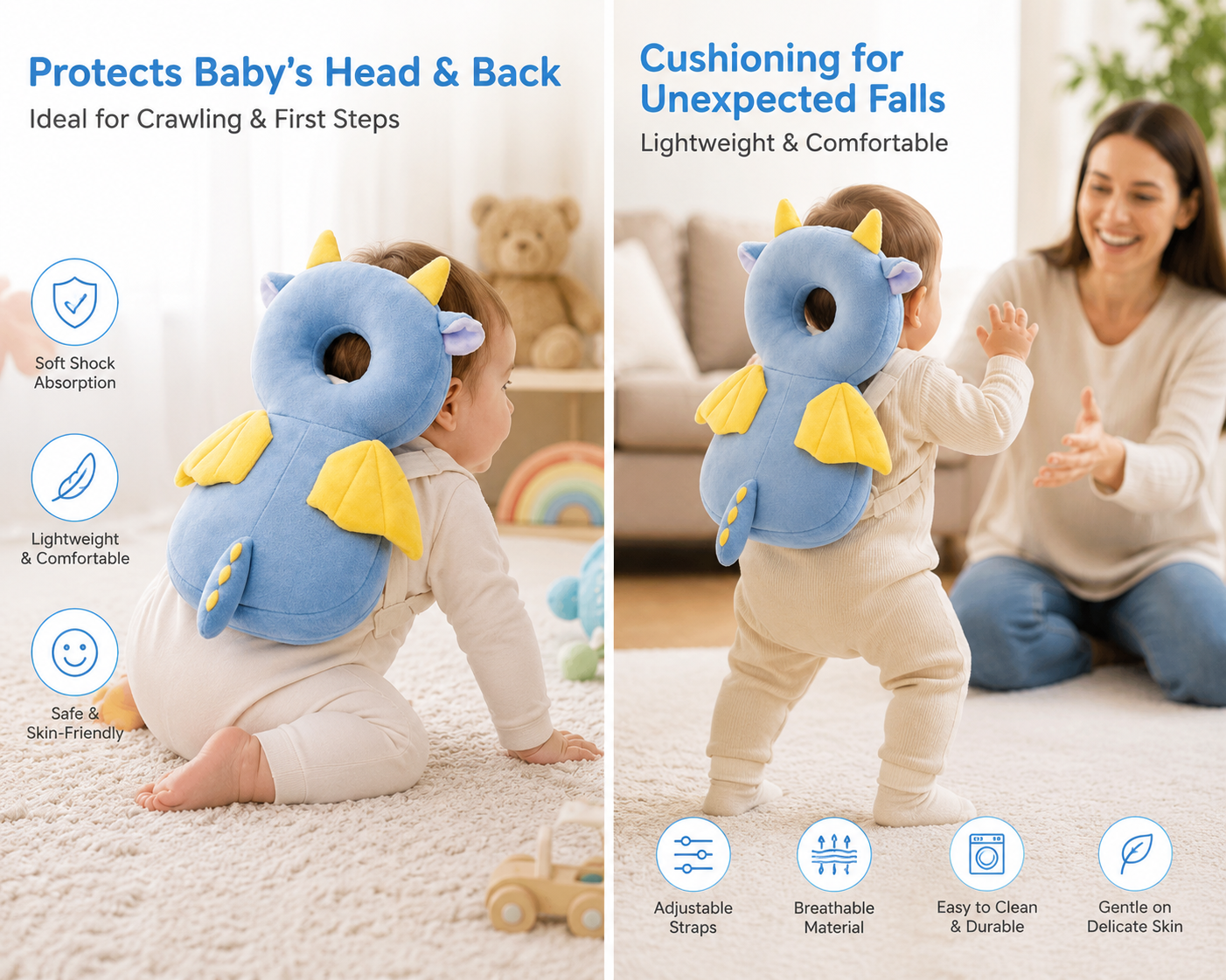 Shark Doo Doo® Baby Dragon Head Protector Cushion for 6–24 Months | Soft Plush Safety Backpack for Toddlers | Adjustable Straps, Anti-Fall Pillow for Infants