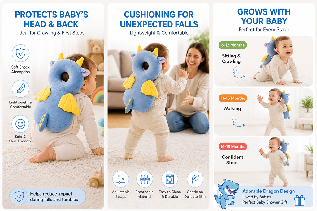 Shark Doo Doo® Baby Dragon Head Protector Cushion for 6–24 Months | Soft Plush Safety Backpack for Toddlers | Adjustable Straps, Anti-Fall Pillow for Infants
