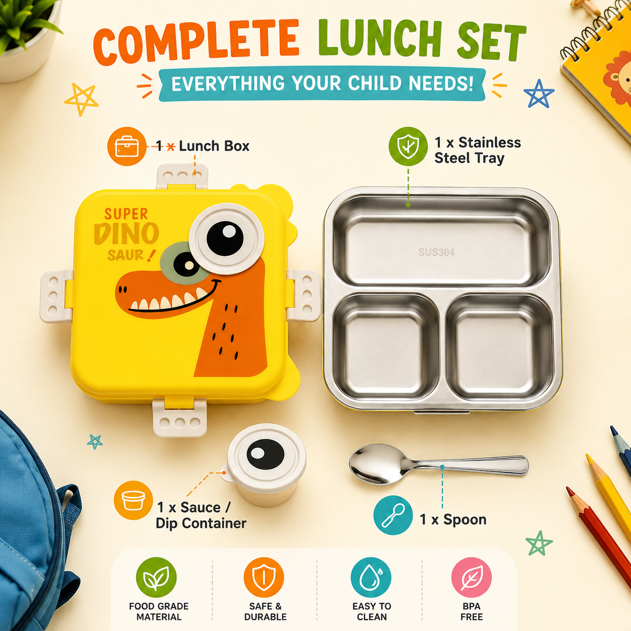 Shark Doo Doo® Super Dinosaur Yellow - Kids Stainless Steel Lunch Box for School | Insulated Bento Tiffin Box (Copy)
