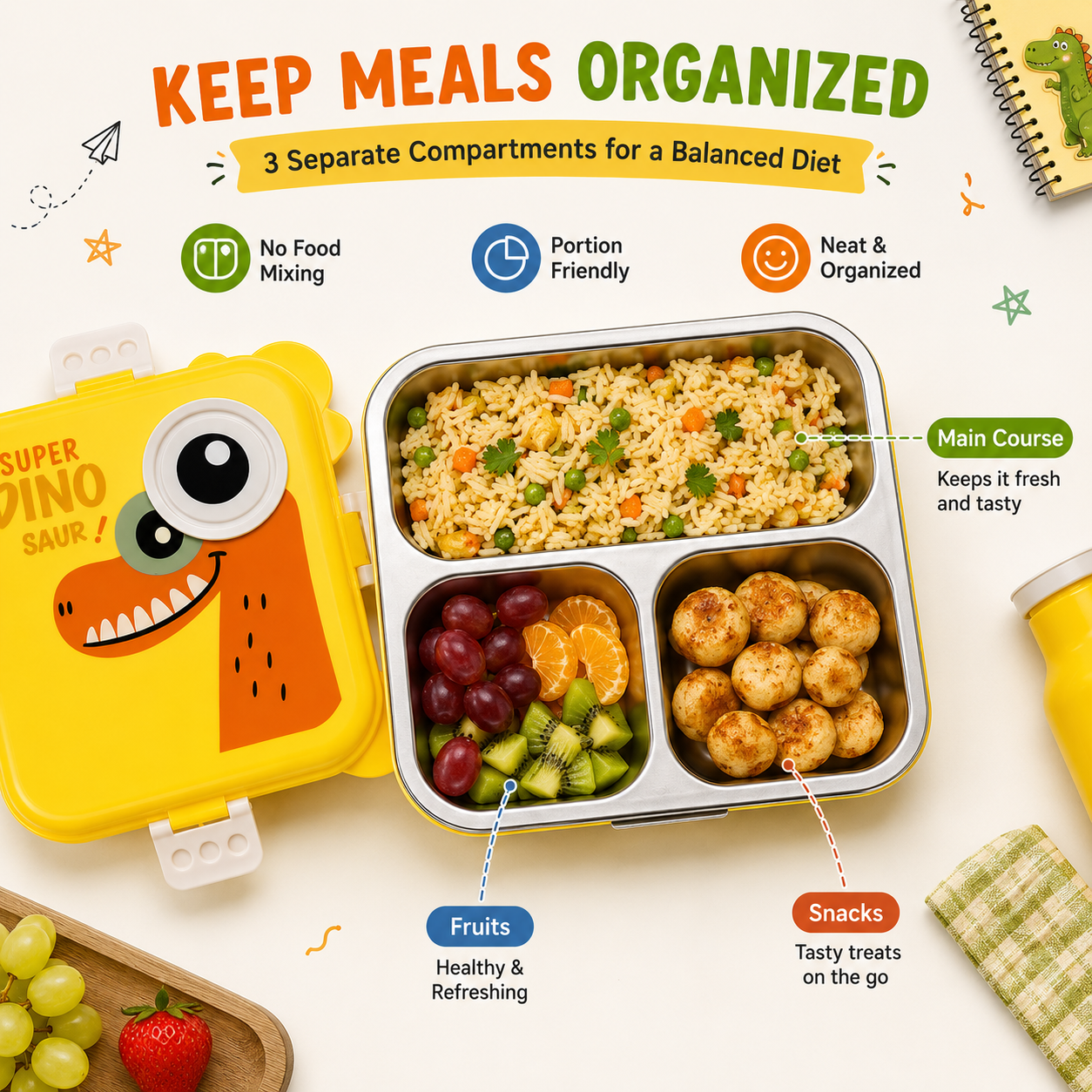 Shark Doo Doo® Super Dinosaur Yellow - Kids Stainless Steel Lunch Box for School | Insulated Bento Tiffin Box (Copy)