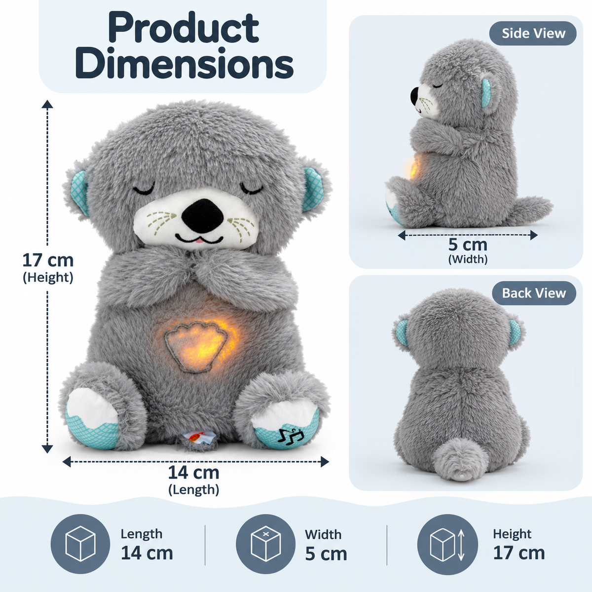 Shark Doo Doo® Breathing Teddy Bear Plush Otter with Rhythm Motion, Light & Music | Grey Comfort Toy for Stress Relief for Kids, Adults & Valentine’s Day
