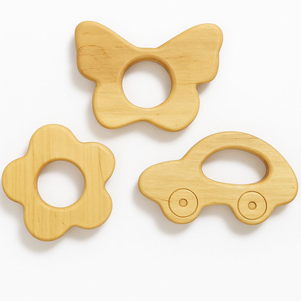 Shark Doo Doo® Neem Wood Baby Teether Combo (Car, Butterfly & Flower) | Organic & Handcrafted | Paint-Free, Antibacterial Teething Toy for Babies